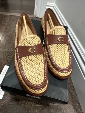 Coach Woman’s  Brown Leather-Trim Woven Loafers with Natural Straw